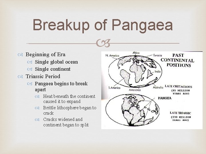 Breakup of Pangaea Beginning of Era Single global ocean Single continent Triassic Period Pangaea