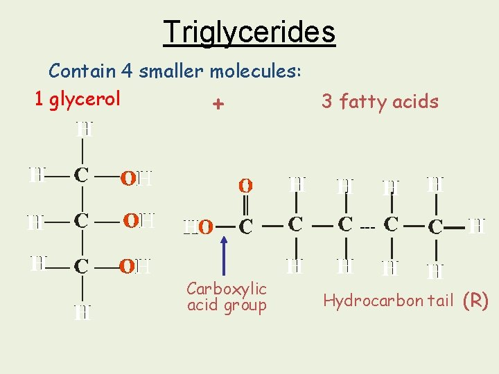 Triglycerides Contain 4 smaller molecules: 1 glycerol 3 fatty acids + --- Carboxylic acid Triglycerides Contain 4 smaller molecules: 1 glycerol 3 fatty acids + --- Carboxylic acid