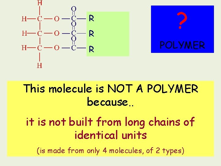 R R R ? POLYMER This molecule is NOT A POLYMER because. . it R R R ? POLYMER This molecule is NOT A POLYMER because. . it