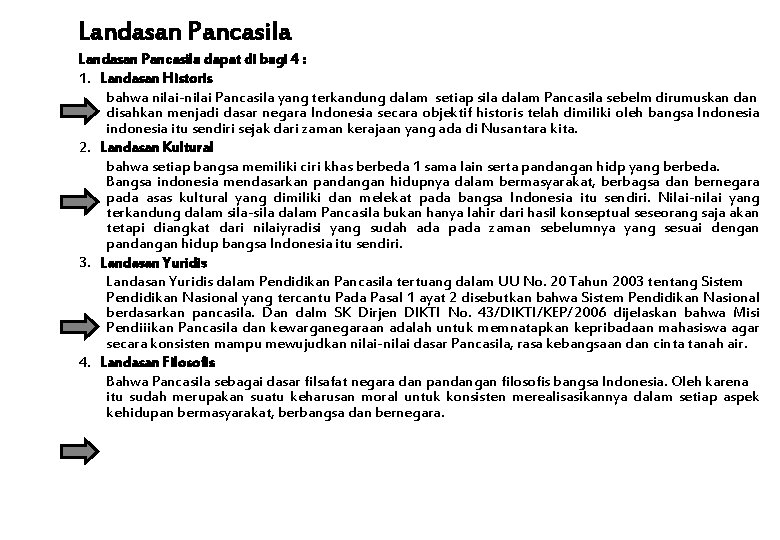Landasan Pancasila dapat di bagi 4 : 1. Landasan Historis bahwa nilai-nilai Pancasila yang