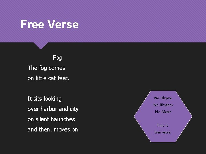 Free Verse Fog The fog comes on little cat feet. It sits looking over