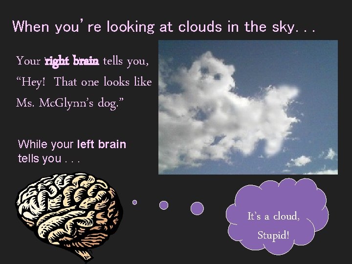 When you’re looking at clouds in the sky. . . Your right brain tells