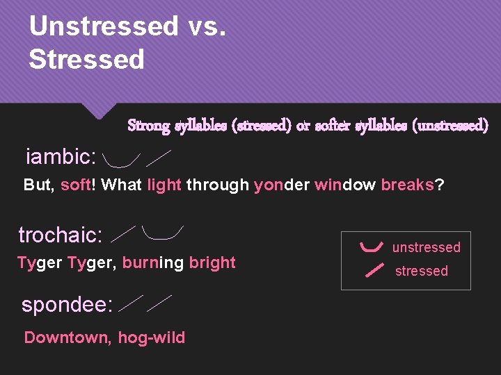 Unstressed vs. Stressed iambic: Strong syllables (stressed) or softer syllables (unstressed) But, soft! What