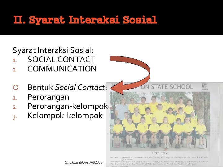 II. Syarat Interaksi Sosial: 1. SOCIAL CONTACT 2. COMMUNICATION 1. 2. 3. Bentuk Social