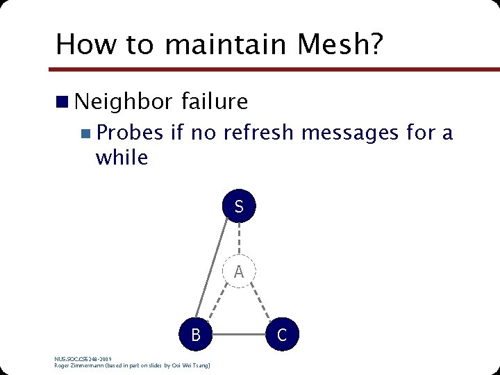How to maintain Mesh? n Neighbor failure n Probes if no refresh messages for