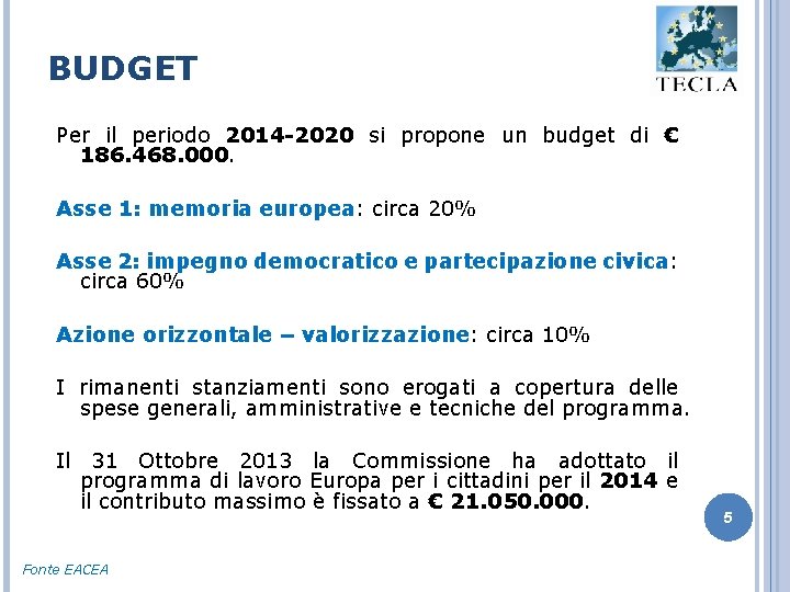 BUDGET Per il periodo 2014 -2020 si propone un budget di € 186. 468.