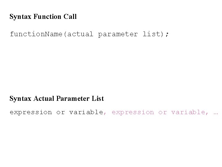 Syntax Function Call function. Name(actual parameter list); Syntax Actual Parameter List expression or variable,