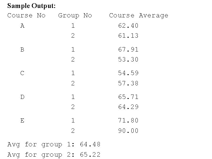 Sample Output: Course No Group No A 1 2 Course Average 62. 40 61.