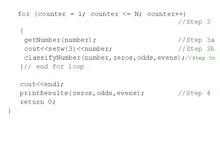 for (counter = 1; counter <= N; counter++) //Step 3 { get. Number(number); //Step