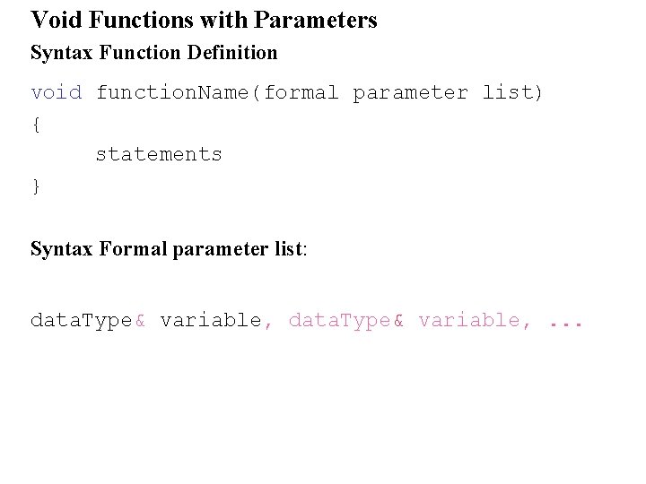 Void Functions with Parameters Syntax Function Definition void function. Name(formal parameter list) { statements