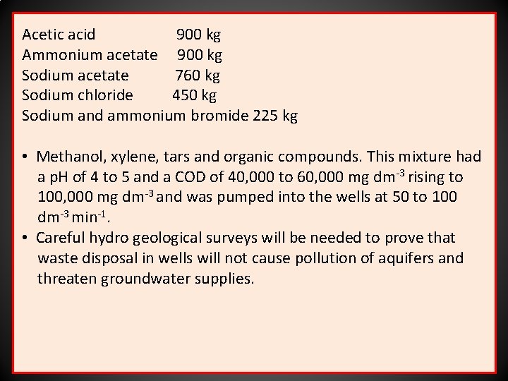 Acetic acid 900 kg Ammonium acetate 900 kg Sodium acetate 760 kg Sodium chloride