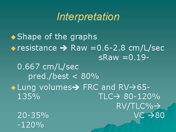 Interpretation u Shape of the graphs u resistance Raw =0. 6 -2. 8 cm/L/sec