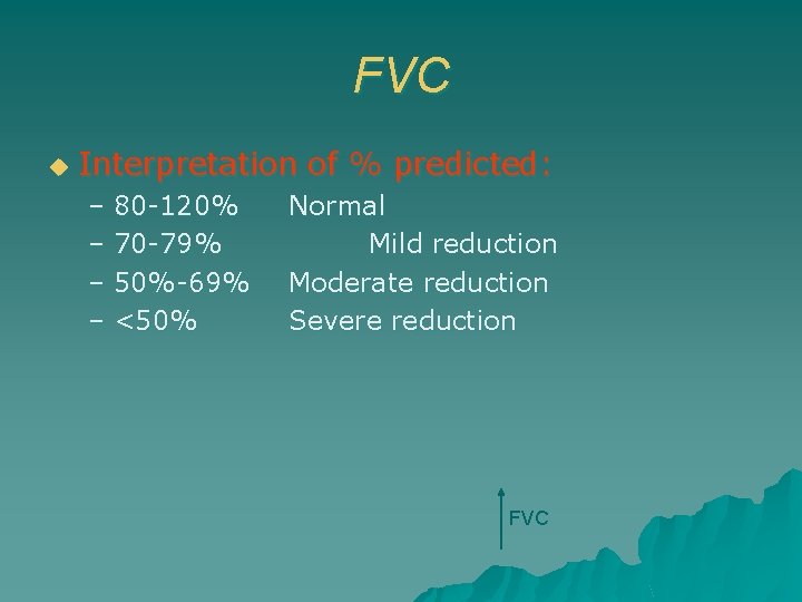 FVC u Interpretation of % predicted: – 80 -120% – 70 -79% – 50%-69%