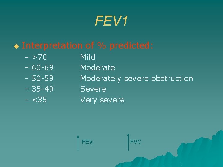 FEV 1 u Interpretation of % predicted: – >70 – 60 -69 – 50