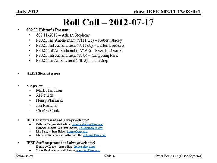 July 2012 doc. : IEEE 802. 11 -12/0870 r 1 Roll Call – 2012