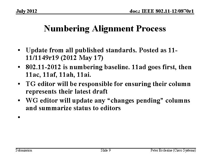 July 2012 doc. : IEEE 802. 11 -12/0870 r 1 Numbering Alignment Process •