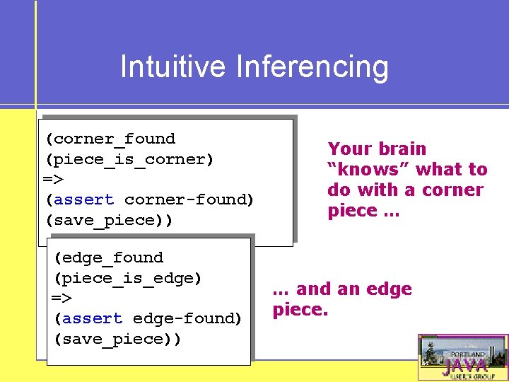 Intuitive Inferencing (corner_found (piece_is_corner) => (assert corner-found) (save_piece)) (edge_found (piece_is_edge) => (assert edge-found) (save_piece))
