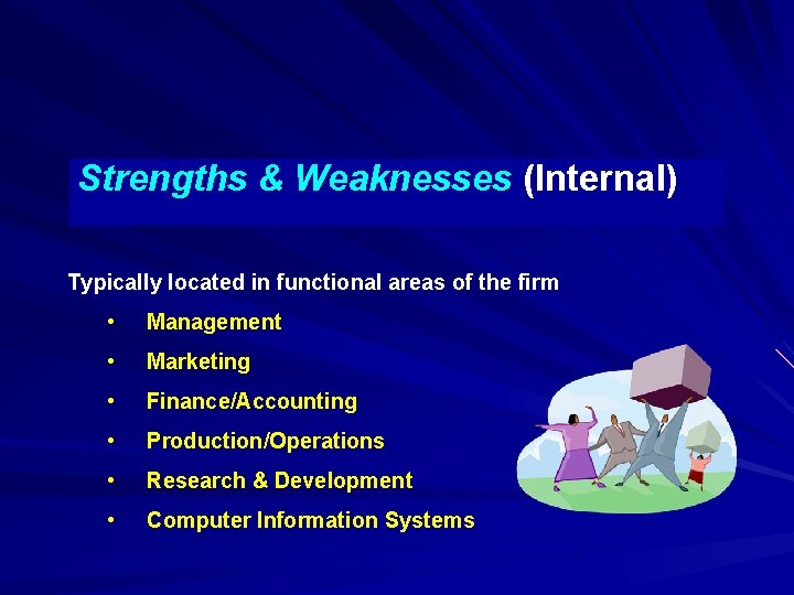 Strengths & Weaknesses (Internal) Typically located in functional areas of the firm • Management