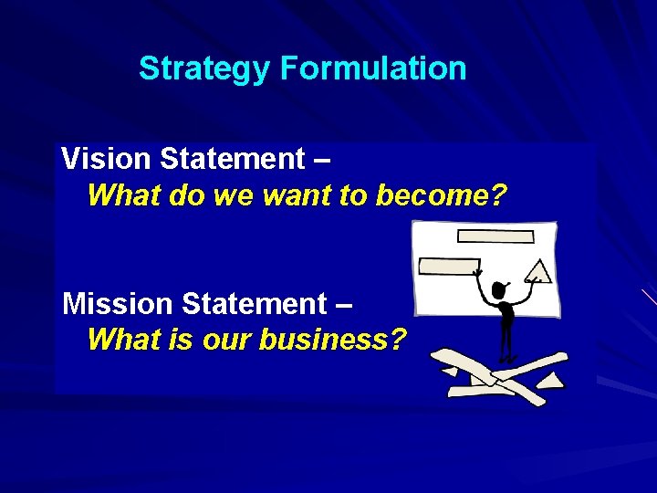Strategy Formulation Vision Statement – What do we want to become? Mission Statement –