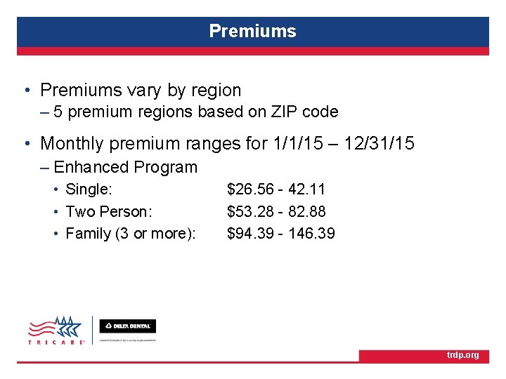 TRICARE Retiree Dental Program Premiums • Premiums vary by region – 5 premium regions