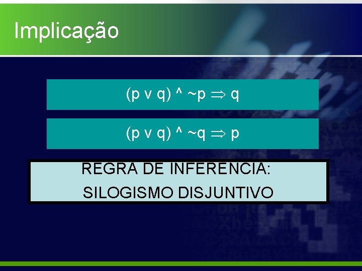 Implicação (p v q) ^ ~p q (p v q) ^ ~q p REGRA