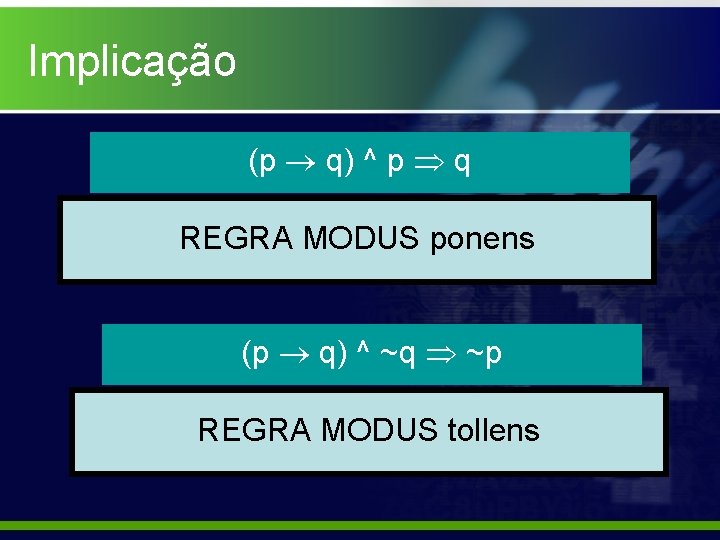 Implicação (p q) ^ p q REGRA MODUS ponens (p q) ^ ~q ~p