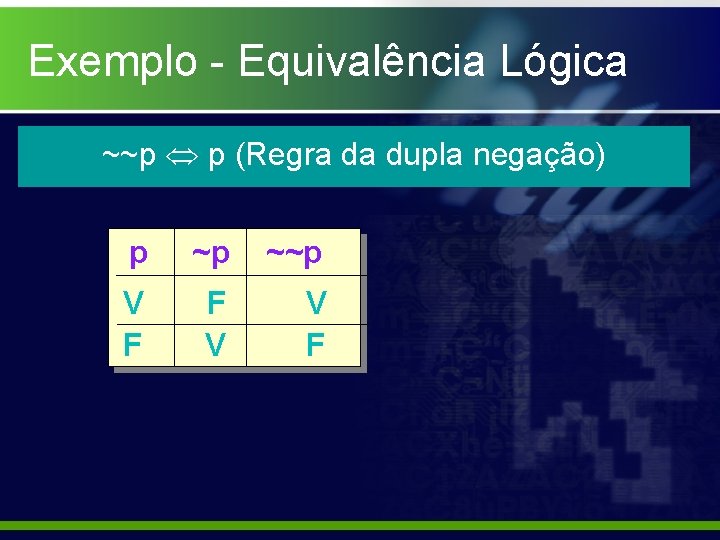 Exemplo - Equivalência Lógica ~~p p (Regra da dupla negação) p ~p ~~p V