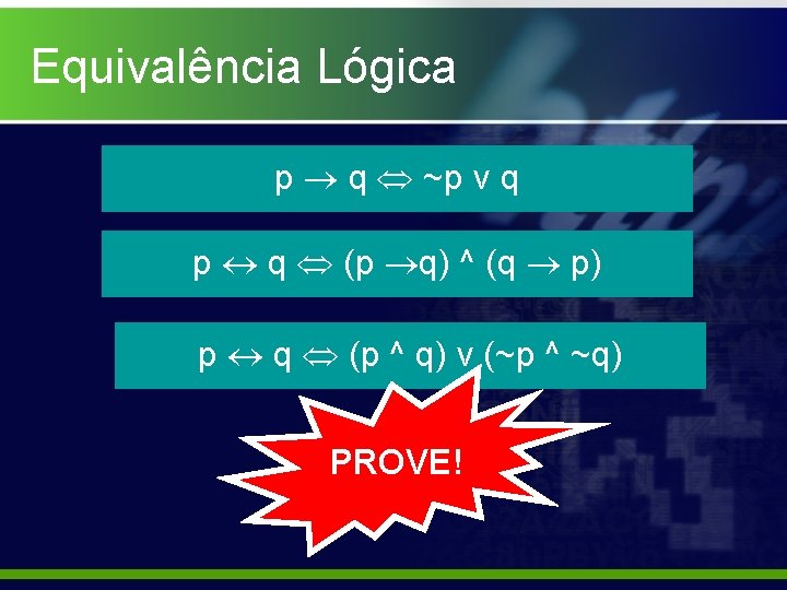 Equivalência Lógica p q ~p v q p q (p q) ^ (q p)