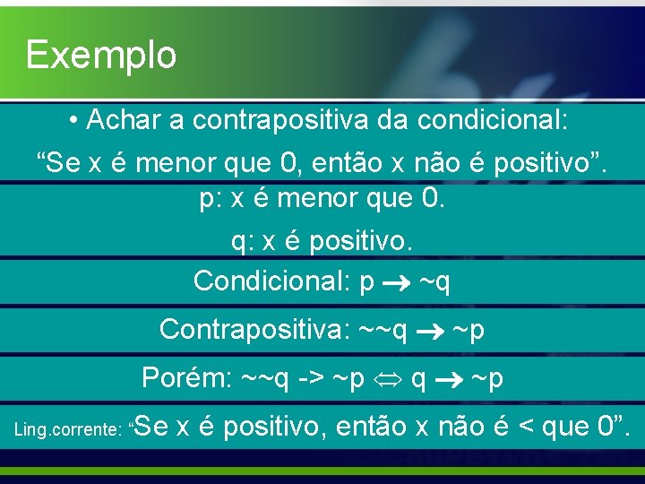 Exemplo • Achar a contrapositiva da condicional: “Se x é menor que 0, então