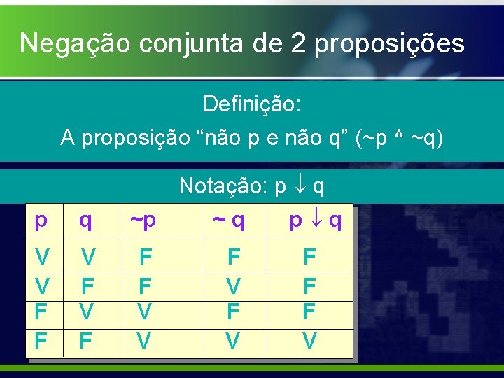 Negação conjunta de 2 proposições Definição: A proposição “não p e não q” (~p