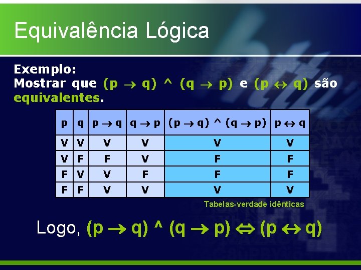 Equivalência Lógica Exemplo: Mostrar que (p q) ^ (q p) e (p q) são