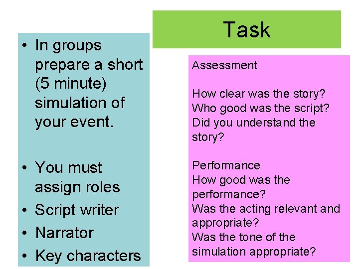  • In groups prepare a short (5 minute) simulation of your event. •