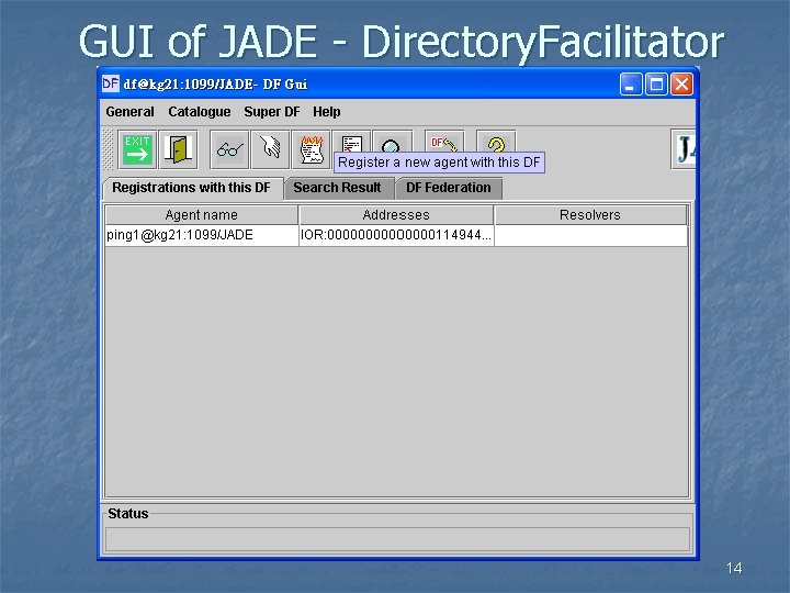 GUI of JADE - Directory. Facilitator 14 