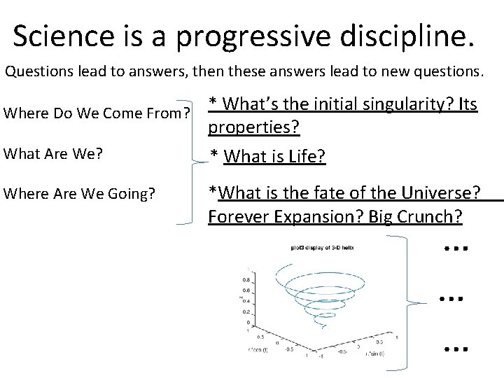 Science is a progressive discipline. Questions lead to answers, then these answers lead to