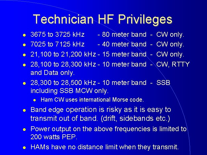 Technician HF Privileges 3675 to 3725 k. Hz - 80 meter band 7025 to