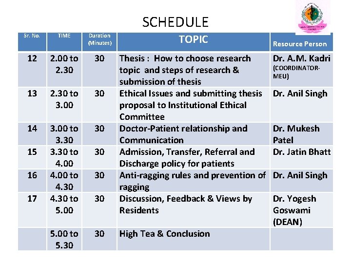 SCHEDULE Sr. No. TIME Duration (Minutes) TOPIC 12 2. 00 to 2. 30 30