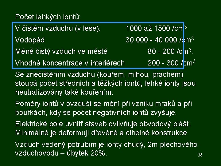 Počet lehkých iontů: V čistém vzduchu (v lese): 1000 až 1500 /cm 3 Vodopád