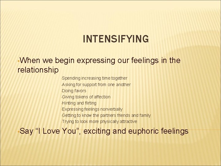 INTENSIFYING • When we begin expressing our feelings in the relationship • Spending increasing INTENSIFYING • When we begin expressing our feelings in the relationship • Spending increasing