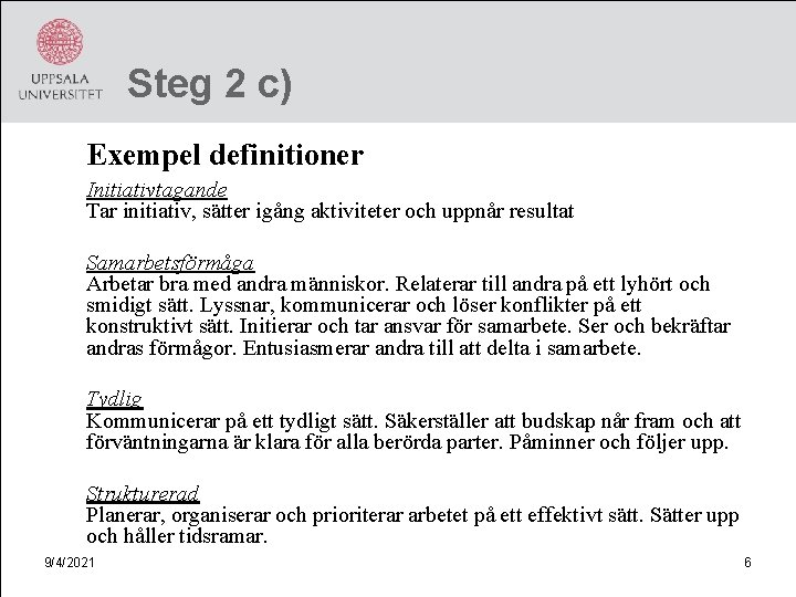 Steg 2 c) Exempel definitioner Initiativtagande Tar initiativ, sätter igång aktiviteter och uppnår resultat