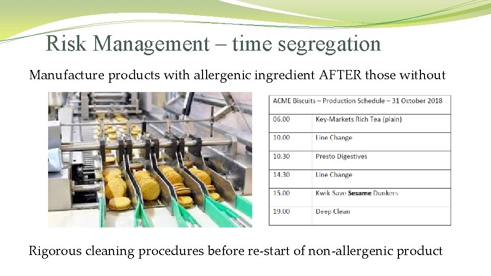 Risk Management – time segregation Manufacture products with allergenic ingredient AFTER those without Rigorous