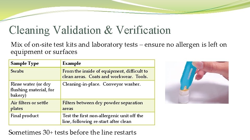 Cleaning Validation & Verification Mix of on-site test kits and laboratory tests – ensure Cleaning Validation & Verification Mix of on-site test kits and laboratory tests – ensure
