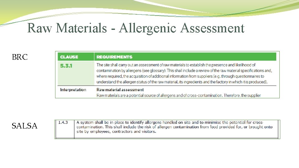 Raw Materials - Allergenic Assessment BRC SALSA 