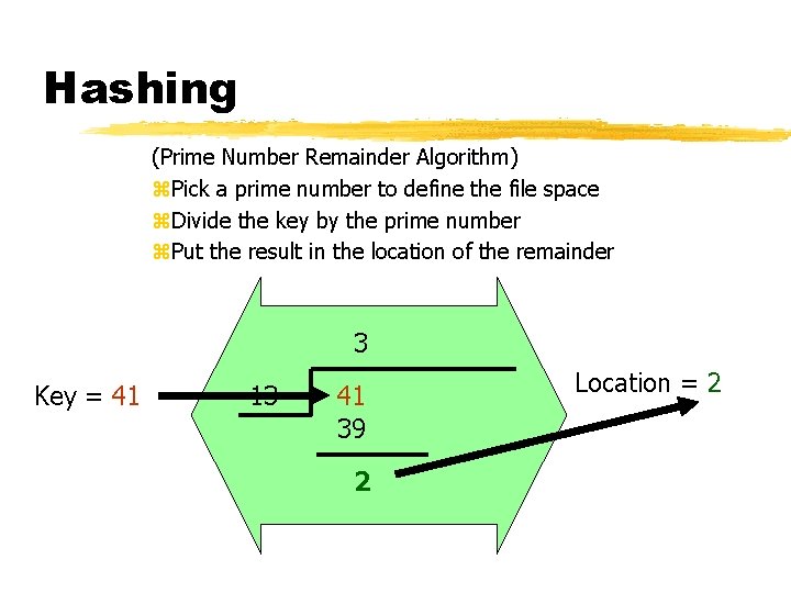 Hashing (Prime Number Remainder Algorithm) z. Pick a prime number to define the file