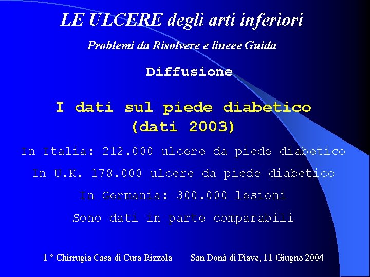 LE ULCERE degli arti inferiori Problemi da Risolvere e lineee Guida Diffusione I dati