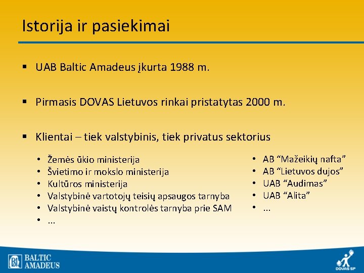 Istorija ir pasiekimai § UAB Baltic Amadeus įkurta 1988 m. § Pirmasis DOVAS Lietuvos