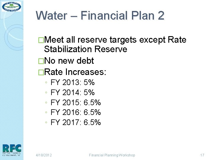 Water – Financial Plan 2 �Meet all reserve targets except Rate Stabilization Reserve �No