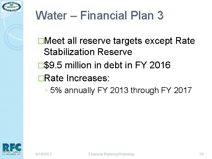 Water – Financial Plan 3 �Meet all reserve targets except Rate Stabilization Reserve �$9.