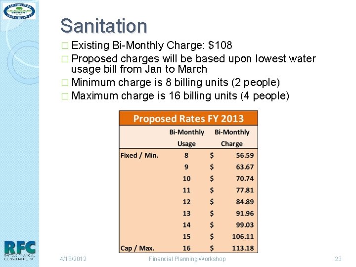 Sanitation � Existing Bi-Monthly Charge: $108 � Proposed charges will be based upon lowest
