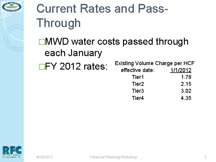 Current Rates and Pass. Through �MWD water costs passed through each January Existing Volume