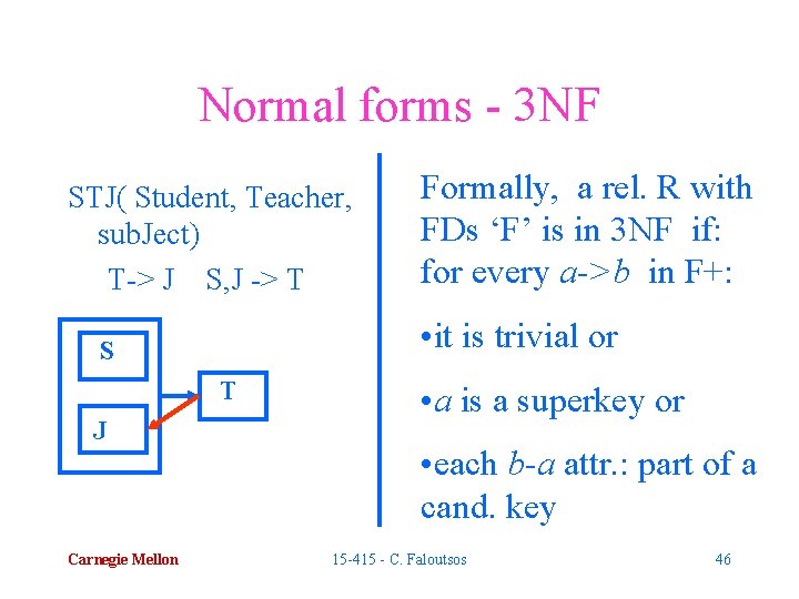 Normal forms - 3 NF STJ( Student, Teacher, sub. Ject) T-> J S, J